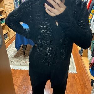 Open stitch belted black cardigan